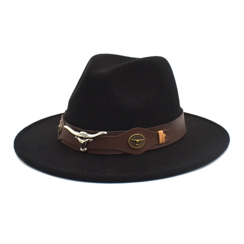 Vintage Wide Brim Fedora Hat Wool Felt Western Cowboy Style With Bull Head Leather Band Retro Jazz Cap For Women