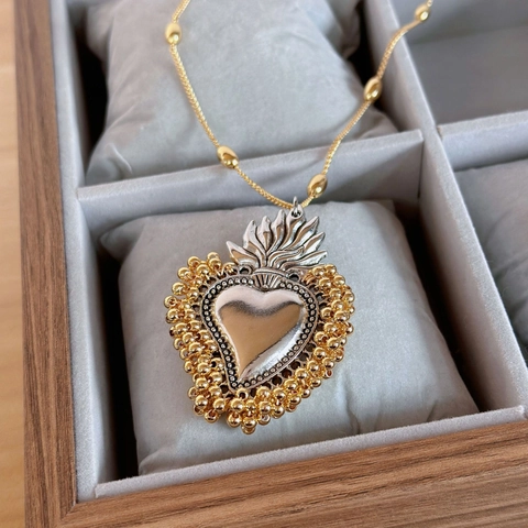 Heiliges Herz Anhänger Halskette Vintage Retro Kupfer Zweifarbig Gold Silber Herz Flamme Perlenkette Schmuck Für Damen