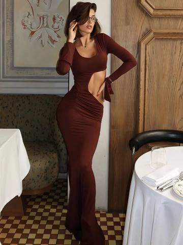 Robe Longue Froncée Polyester Spandex Manches Longues Col En U Découpe Fente Latérale Bodycon Élégante Marron Femmes