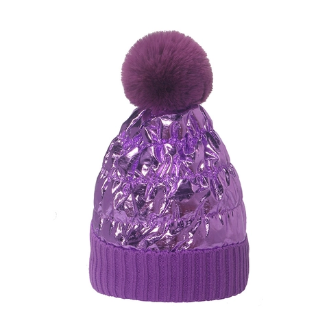 Gorro De Punto Color Metálico Pompón De Pelo Sintético Forro De Felpa Cálido Invierno A Prueba De Viento Moda Mujeres