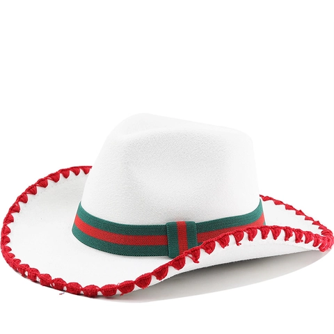 Vintage Western Cowboy Hat Polyester Felt Wide Brim Fedora Jazz Hat With Striped Ribbon And Whipstitch Edge