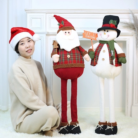 Christmas Plush Figurine Ornaments Santa Claus Snowman Telescopic Long Legs Adjustable Height Home Mall Window Decor