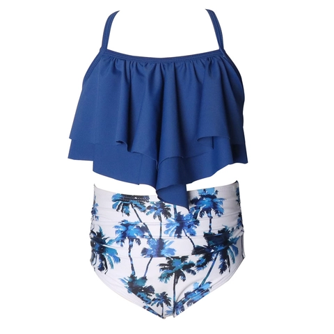 Mädchen Badeanzug Oberteil Und Hose Rüschenbesatz Hohe Taille Tropischer Blumendruck Bademode Nylon Elastisch Strand Tankini