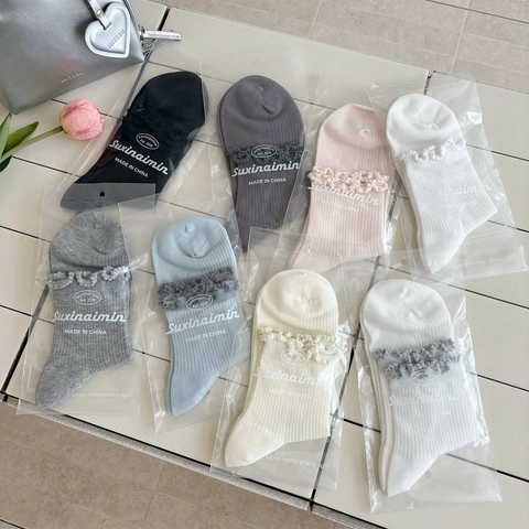 Chaussettes En Coton Pour Femmes Côtelées Bordure À Volants Douces Respirantes Style Japonais Décontractées