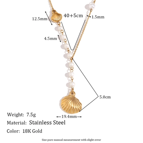 Shell Pendant Necklace Stainless Steel 18K Gold Plated Faux Artificial Pearl Y Shaped Retro Elegant Jewelry For Women
