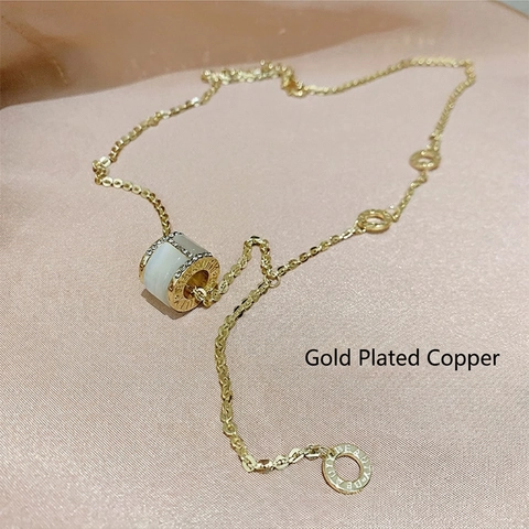 Collier Pendentif Pierre Oeil De Chat Cuivre Plaqué Or Strass Taille Cylindrique Chaîne Clavicule Bijoux Pour Femmes Style De Niche