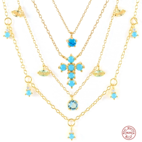 Collana In Argento Sterling 925 Geometrica Turchese Croce Goccia D'acqua Pendente Zircone Gioielli Eleganti Per Donne