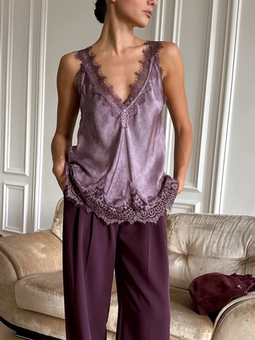 Canotta Vintage In Raso Da Donna Bordo In Pizzo Scollo A V Senza Maniche Vestibilità Aderente Top Estivo Setoso