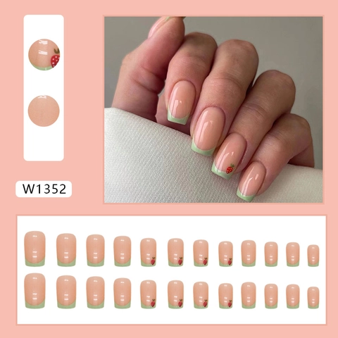 Press On Nails Plastic French Green Tip Strawberry Pattern Cute Sweet Manicure Artificial Finger Nail Tips For Women