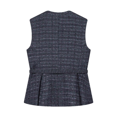 Chaleco De Tweed Para Mujer Sin Mangas Cuello Redondo Dobladillo Peplum Elegante Con Cinturón Vintage Azul Marino