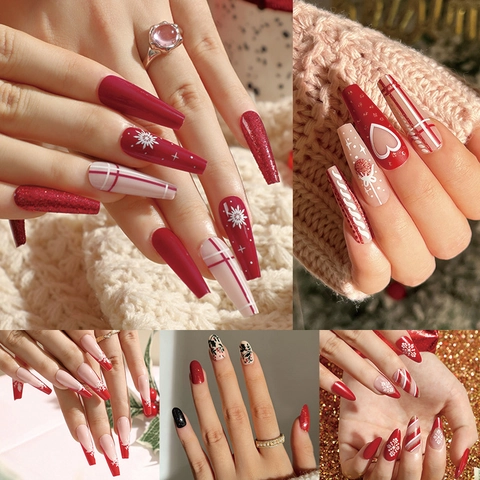 Noël Ongles À Presser Rouge Blanc Flocon De Neige Paillettes Strass Long Cercueil Amande Artificielle Faux Ongles Femmes
