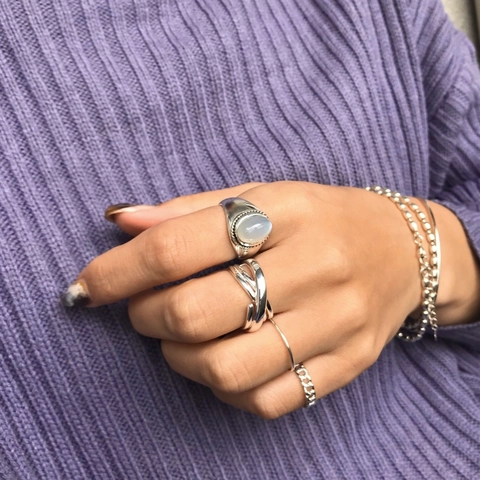 925 Sterling Silver Ring White Agate Oval Gemstone Beaded Edge Adjustable Open Band Vintage French Style Jewelry For Women