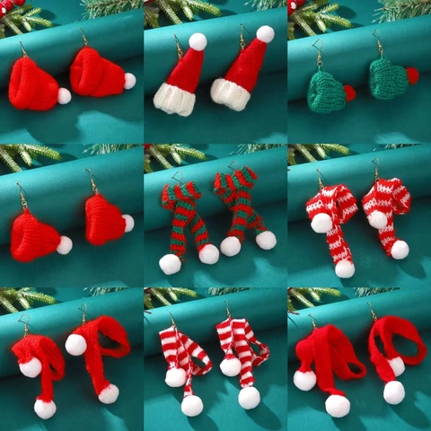 Weihnachten Gestrickte Ohrringe Handgefertigte Wollmütze Schal Stil Bommel Tropfenohrringe Für Frauen Party Schmuck
