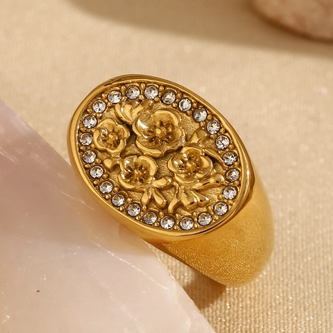 Vintage Floral Signet Ring 18K Gold Plated Stainless Steel Oval Embossed Flower White Cubic Zirconia Inlaid For Women