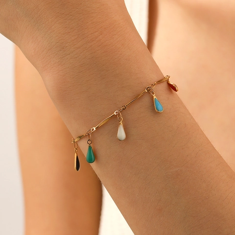 Water Drop Pendant Bracelet Stainless Steel 18K Gold Plated Colorful Enamel Charms Dainty Jewelry For Women