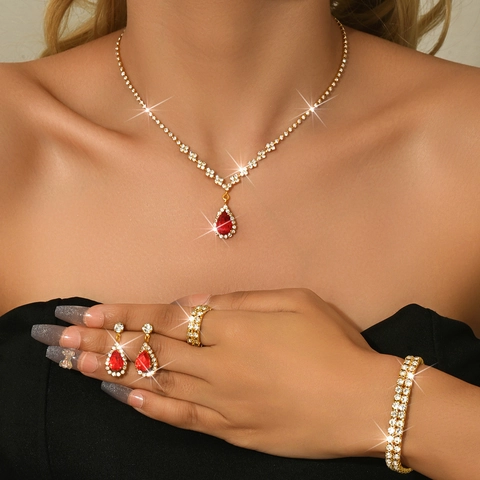 Set di Gioielli da Sposa Scintillante in Zirconia Colorata a Goccia d'Acqua in Rame Galvanico Collana Orecchini Bracciale Anello per Matrimonio Banchetto Donna