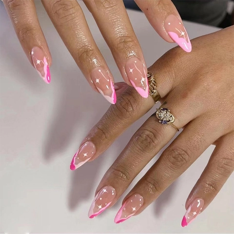 Uñas Postizas A Presión Degradado Rosa Almendra Largas Con Patrón De Estrellas Diseño De Remolino Estilo Dulce Para Mujeres