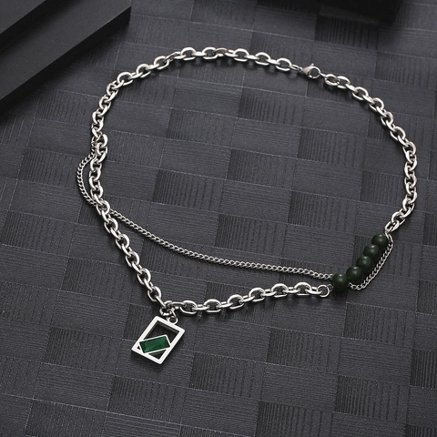 Layered Chain Necklace Titanium Steel Spliced Square Green Gemstone With Green Beads Niche Design Unisex Jewelry