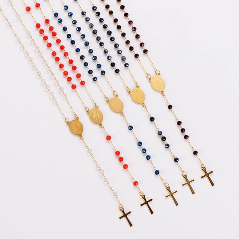 Collana Rosario Placcata Oro 18K Acciaio Inossidabile 304 Grani In Cristallo Sfaccettato Medaglia Vergine Maria Ciondolo Croce