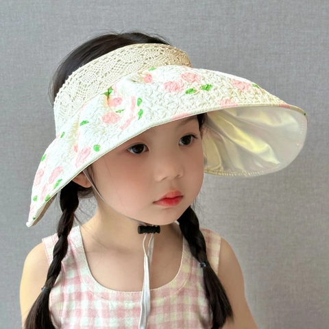 Cappello Visiera Ragazze Parte Superiore Vuota Pizzo Fiocco Farfalla Stampa Ciliegia Floreale Protezione UV Tesa Larga