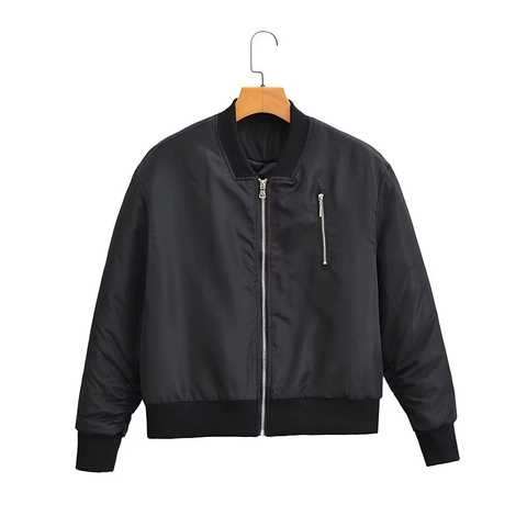Women Bomber Jacket Polyester Cotton Padded Quilted Lining Zip Up Ribbed Trim Casual Outerwear Black Jacket