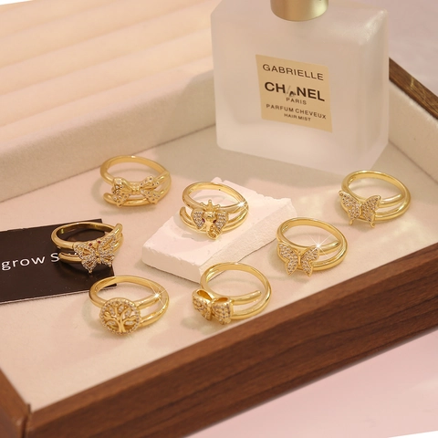 Butterfly Bow Tree Of Life Elephant Open Rings For Women Copper Zircon Double Layer Adjustable Jewelry French Style