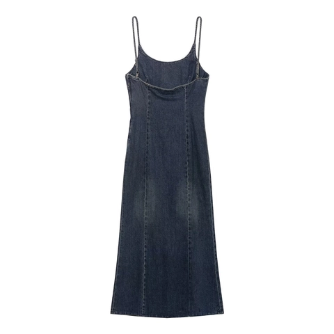 Washed Denim Spaghetti Strap Midi Dress U-Neck Sleeveless Slim Fit Retro Panel Stitching Casual Long Apparel For Women