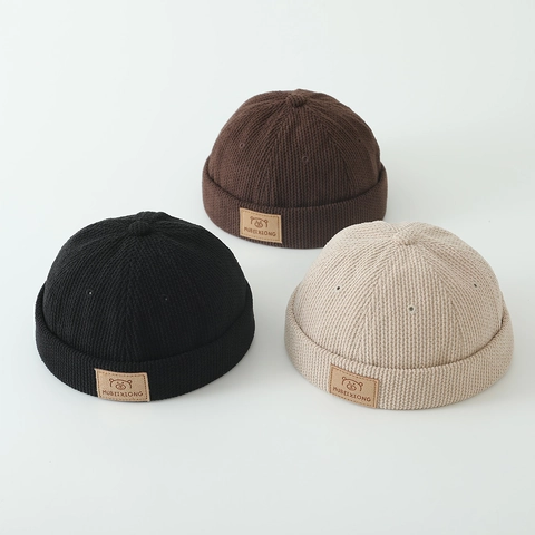 Kids Corduroy Brimless Docker Hat Bear Patch Adjustable Warm Miki Cap For Toddler Boys Girls