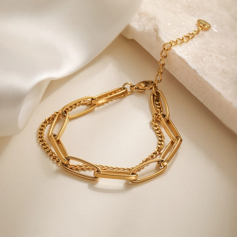 Double Layer Chain Bracelet 18K Gold Plated Stainless Steel Geometric Paperclip Cuban Link For Women Fashion Minimalist