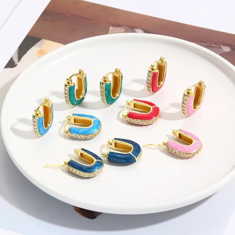 Boucles D Oreilles Creoles En U Cuivre Plaquees Or 18K Email Colore Goutte D Huile Zircon Blanc Style Boheme Pour Femmes