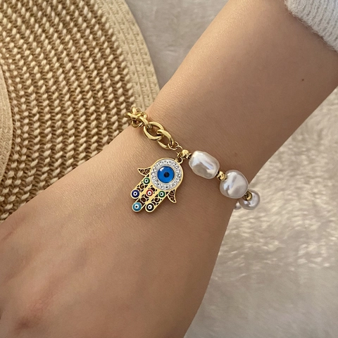 Edelstahl Armband Mit Barocken Unregelmäßigen Künstliche Perlen Hamsa Hand Böser Blick Baum Des Lebens Herz Blume Anhänger