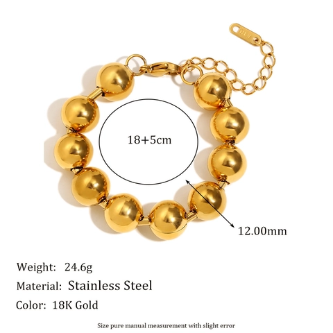 Minimalist Gold Plated Stainless Steel Large Bead Bracelet For Women French Style Elegant Fashion Jewelry Adjustable