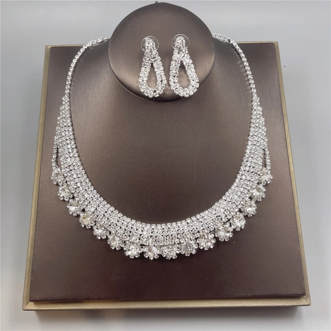 Collier Élégant En Strass Et Boucles D Oreilles Goutte Bijoux De Mariée Cristal Accessoires Pour Femmes