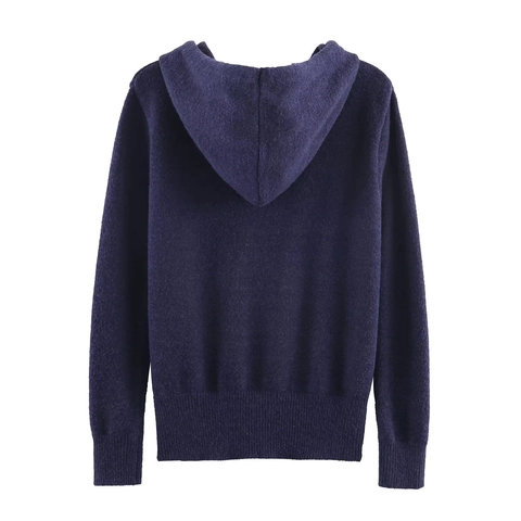Women Hooded Knit Cardigan Zip Up Hoodie Short Sweatshirt Solid Color French Fashion Vintage Long Sleeve Outerwear