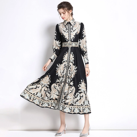 Vintage Paisley Print Maxikleid Langarm Revers Einreihig Mit Gürtel Elegant Hohe Taille Retro A Linie Langes Kleid Damen