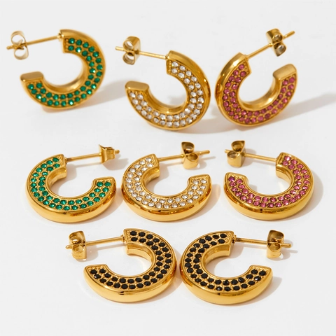 Vintage C-Shaped Hoop Earrings Stainless Steel Inlaid Colorful Rhinestones Fashion Luxury Jewelry For Women
