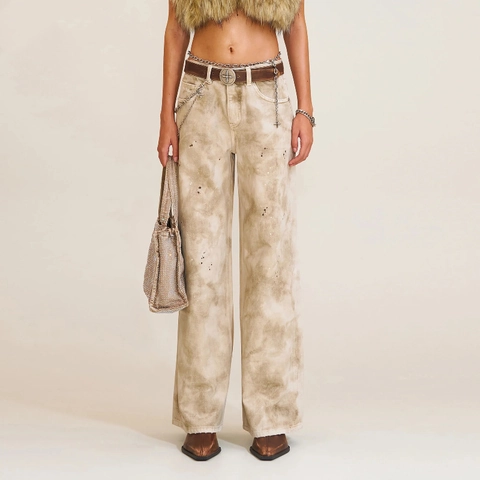 Damen Weites Bein Jeans Denim Strass Holografisch Vintage Waschung Lockere Hose Retro Streetwear Mode