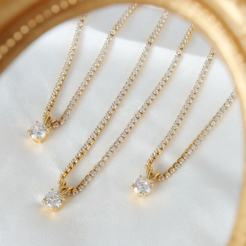 Luxurious Titanium Steel Zirconia Pendant Necklace For Women Elegant Tennis Chain Sparkly Rhinestone Gold Silver Plated Jewelry Gift