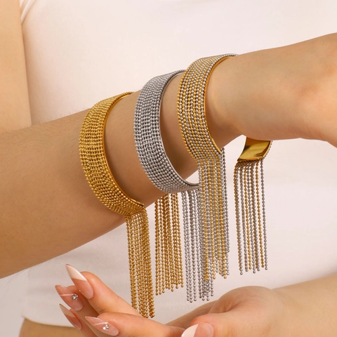 Stainless Steel Tassel Bracelet And Fringe Ring Geometric C Shape Open Hand Jewelry Waterproof For Women