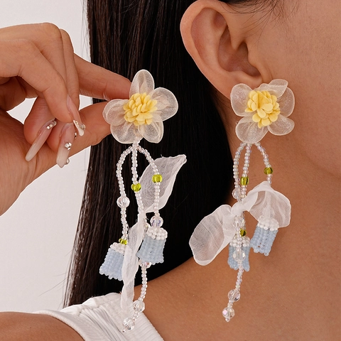 Pendientes Largos De Flores Gasa Tela Cuentas De Vidrio Con Poste De Plata Estilo Dulce De Vacaciones Para Mujer