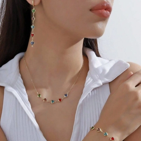 Farbenfroher Herzschmuck Halskette Armband Und Ohrringe Vergoldete Legierung Für Frauen