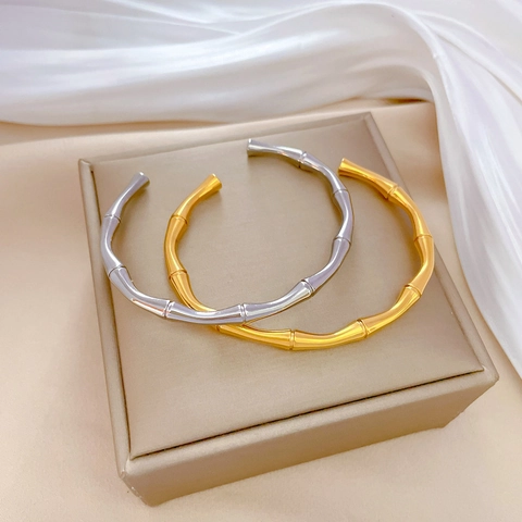 Bamboo Joint Cuff Bangle Titanium Steel Minimalist Open Adjustable Retro Chinese Style Bracelet For Women