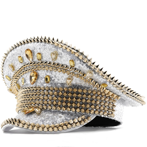 Chapeau De Capitaine À Paillettes Argentées Rivets Dorés Pierres Ambre Scène Fête Rave Style Militaire Coiffe Festive