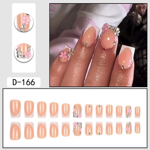 Faux Ongles Press On French Avec Strass Rose Floral Doux Squoval Amovibles Pour Usage Quotidien Élégant