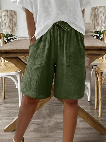 Women Cotton Linen Casual Shorts Elastic Waist Drawstring Loose Straight Leg Solid Color With Pockets Summer