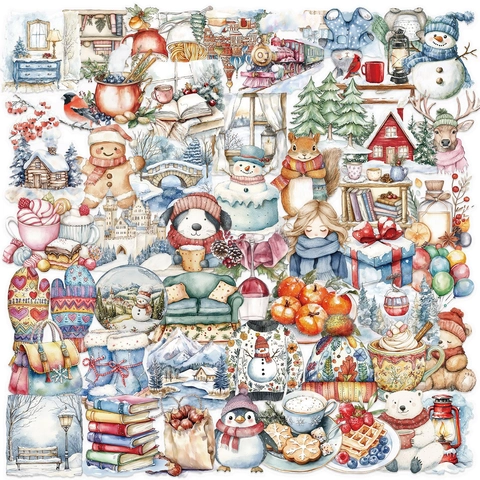 50 Piezas Dibujos Animados Navidad Fiesta Pegatinas Impermeable Transparente PET Acuarela Pintada a Mano Invierno Decoración para Laptop