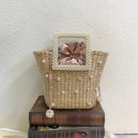 Stro Handtas Kunstparel Handvat Satijn Trekkoord Binnentas Retro Strand Vakantie Elegante Emmertas Vrouwen