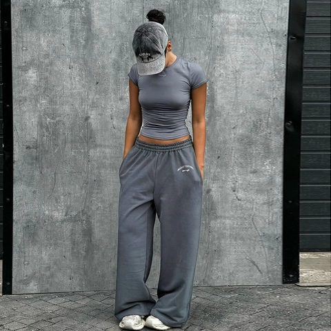 Women Slim Fit Short Sleeve T-Shirt And High Waist Wide Leg Pants Casual Sporty Streetwear Tracksuit
