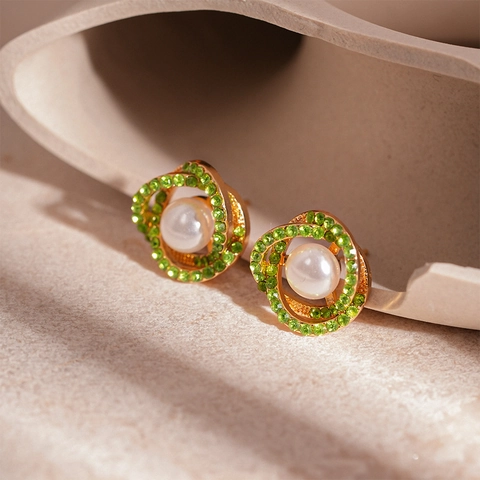 Vintage Double Circle Stud Earrings With Faux Artificial Pearl Rhinestone Inlaid And Silver Earring Post For Women