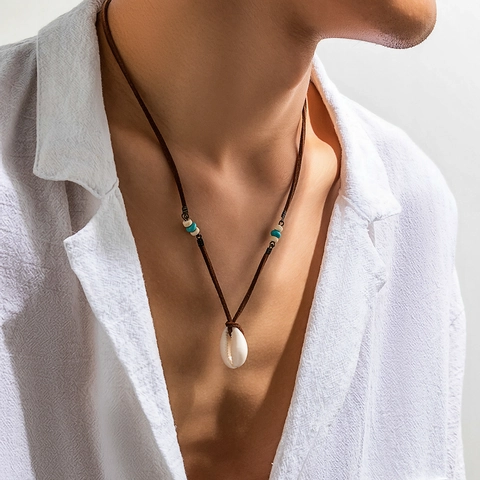 Shell Pendant Necklace Velvet Cord Wood Turquoise Beads Bohemian Beach Surfer Jewelry Men